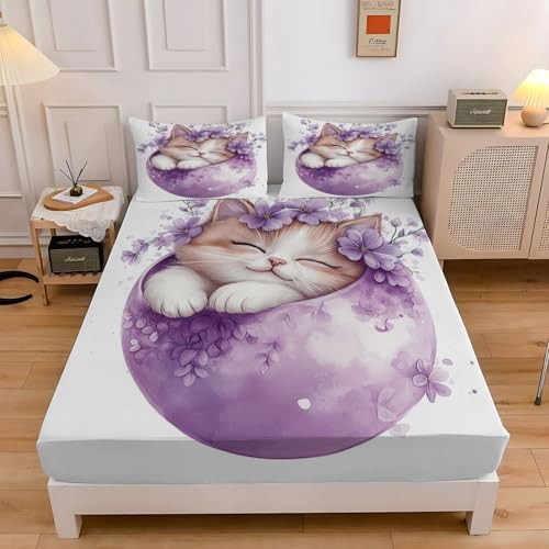 Sabana Bajera 160x200 CáScara De Huevo Sabanas Bajeras Estampadas Gato Sábana Bajera Ajustable Suaves, Elastico Funda Colchon con 2 Funda Almohada 50x80 cm, para Colchón de 30cm de Altura