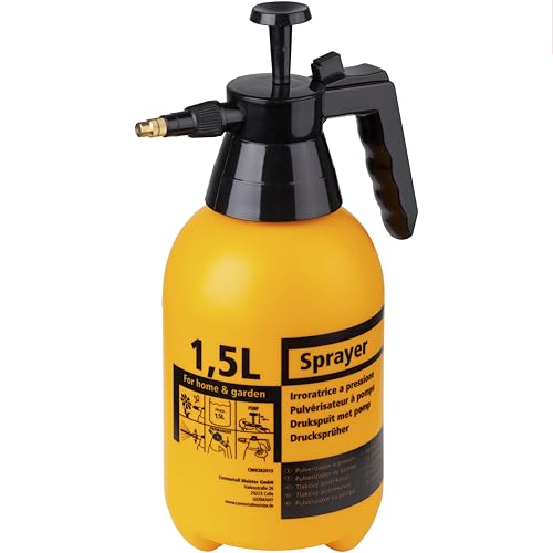 Connex Drucksprüher - 1 5 L Füllmenge - Verstellbare Messing-Düse - Mit Schalter zum Sperren & für Dauerstrahl - gelb & schwarz/Handdrucksprüher/Drucksprühgerät/Pumpsprüher / CMB382015
