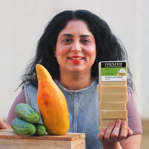 Image of Soulflower Handmade Papaya Cucumber Soap - Pure, Natural, Coldprocessed Grade 1 BIS Standard Luxury soap with Essential oils,Exotic herbs & Aroma 150g - Pack of 2 | Clinically Tested |