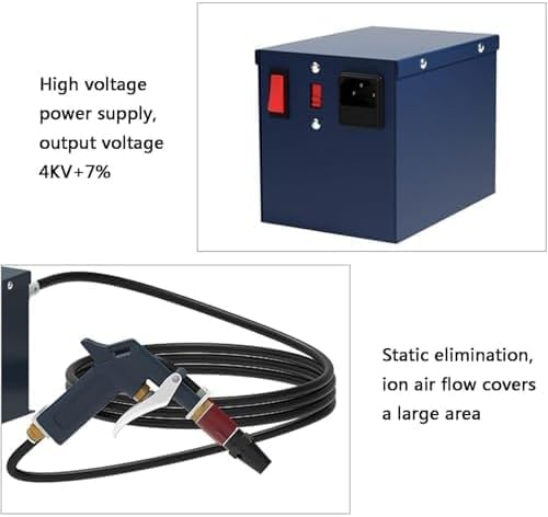 Pistola ad aria ionizzante per il controllo dellelettricità statica con generatore ad alta tensione e silenziatore. Efficace per la rimozione dellelettricità statica nei dispositivi elettronici.