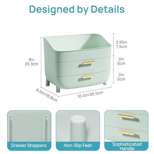 Image of Vtopmart 3-Tier Skincare Makeup Organizer with Drawers, Green | For Vanity and Bathroom Countertop, with Drawers, Large Cosmetic Storage Box Case, , Non-Slip Base