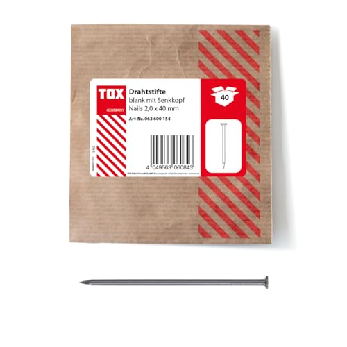 TOX Clavos de alambre 2,0x40 mm con cabeza avellanada para conexiones de madera simples y superficies planas, acero desnudo, 40 unidades en un empaque de papel reciclable, 063600154