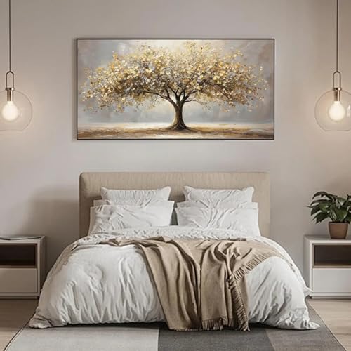 Toile Murale Arbre de Vie aux Feuilles Dorées Cadre 70x140cm - 3