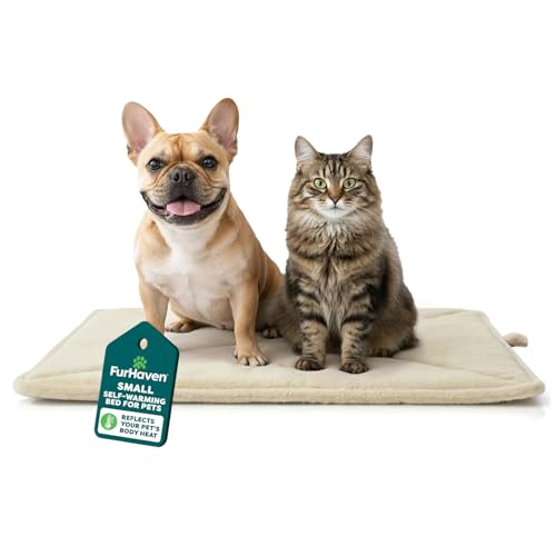 FurHaven ThermaNAP Self Warming Cat Mat, Dog Bed for Crates with Self-Warming Technology for Cozy Rest, Fully Machine Washable, Small, Plush Faux Fur, Cream