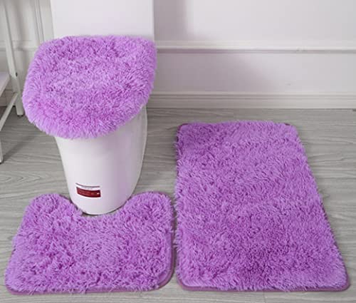 Lot de 3 tapis de salle de bain doux en microfibre - Antidérapant - Avec revers clouté en flanelle PVC - Tapis de bain + tapis contour WC + housse pour abattant - Violet uni