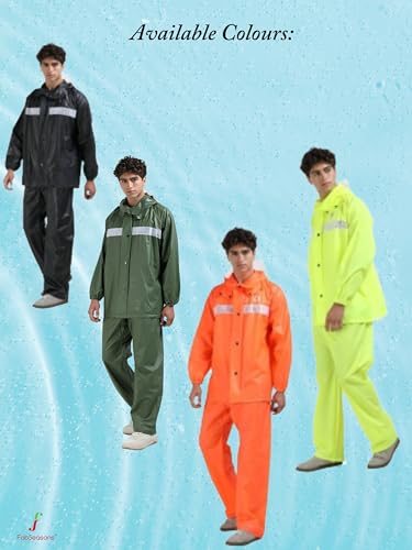 Image of FabSeasons Heavy Duty Waterproof Polyester Raincoat for Men with Reflective Strips, Hoodie & Elastic Cuffs - Ideal for Bike Riders & Night Safety