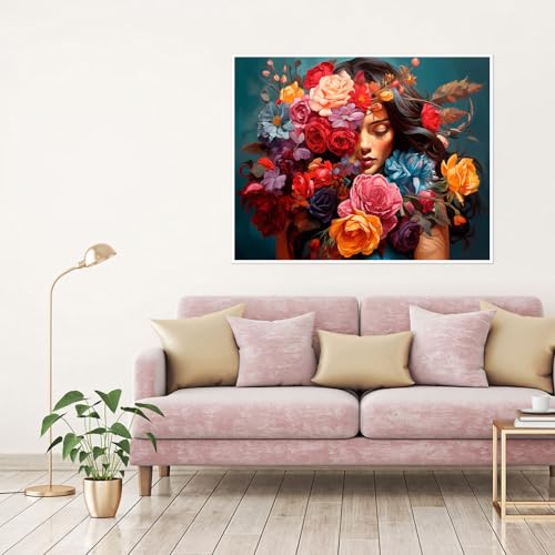 Image of Clendo Flower Woman Paint by Numbers Kit for Adults, DIY Flower Paint by Numbers on Canvas, Colorful Picture Oil Painting Art and Crafts Kits for Wall Decor 16x20inch(Without Frame)