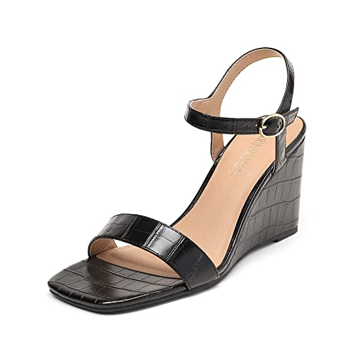 DREAM PAIRS Women’s Casual Dressy Wedge Sandals Cute Square Toe and Buckle Ankle Strappy Slingback Wedding Shoes 9.5 Black