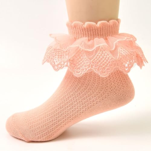 Girls Ruffle Socks Double Lace Frilly Dress Ankle Socks Cotton Turn Cuff Socks for Toddler Little Girls 6Pack4