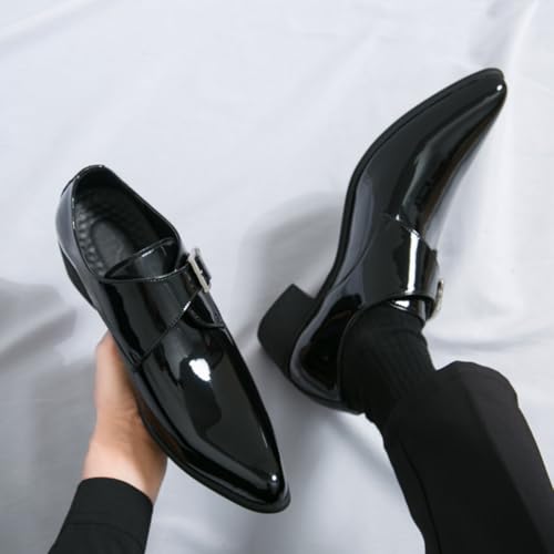 Men's Patent Leather Chunky Heels Dress Loafers with Monk Strap Modern Pointed Toe Tuxedo Oxford Shoes for Formal Business Office Church4