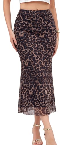 Genfien Röcke Damen Elastische Hoch Tailliert mit Elastischem Bund Midi Netz Sommer Elegant Fischschwanz Hem mit Innenfutter Bodycon Parteirock