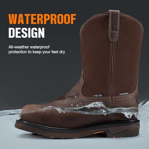 NINGO Men's Steel Toe Work Boots, Waterproof Wellington Boots with Full Grain Leather, Pull-On Design Non Slip Work Shoes, EH Protection for Industrial, Agriculture4