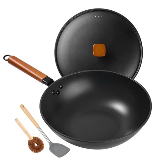 Wok Pan with Lid - 13" Nonstick Wok, Carbon Steel Woks & Stir-Fry Pans Set with 7 Cookwares, No Chemical Coated Flat Bottom Chinese wok, for Electric, Induction and Gas Stoves