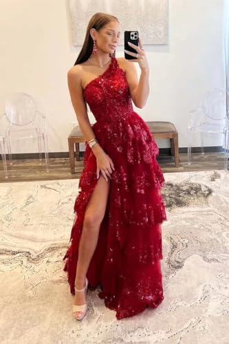 Cudiew One Shoulder Lace Tulle Tiered Prom Dress Sparkly Sequined Applique Long Maxi Formal Evening Party Gowns 20252