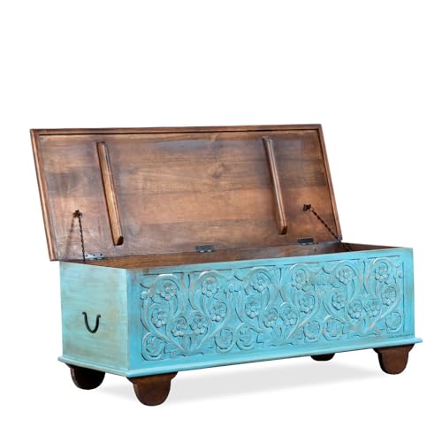 Image of Teba Wooden Trunk Box for Storage | Solid Wood Coffee Table for Living Room | Center Coffee Table with Storage | Front Wooden Carved Sandook Pitara for Home Decor & Bedroom (Blue Distress)