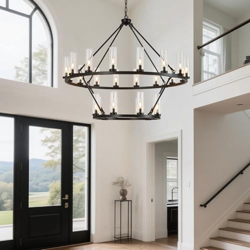 Image of 48 Inch Large Black Wagon Wheel Chandelier with Clear Glass Shade 2 Tier 24-Lights Round Pendant Light Farmhouse Industrial Chandeliers Dining Room Light Fixture for Stair Living Room Foyer