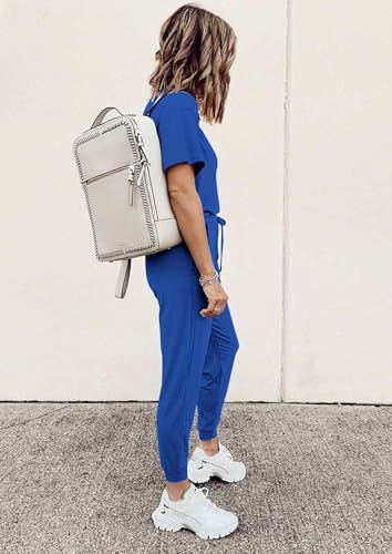 Image of PRETTYGARDEN Women's Two Piece Outfit Short Sleeve Pullover with Drawstring Long Pants Tracksuit Jogger Set