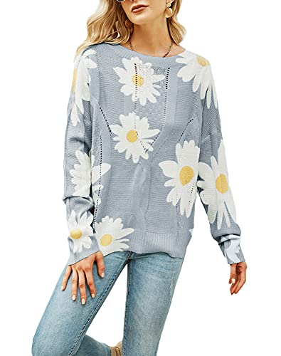 Image of chouyatou Women's Crewneck Long Sleeve Floral Printed Knitted Sweater Pullover Tops