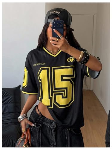 Image of SOLY HUX Jersey Shirts for Women Number Graphic Print V Neck Baggy Tees Hip Hop Streetwear