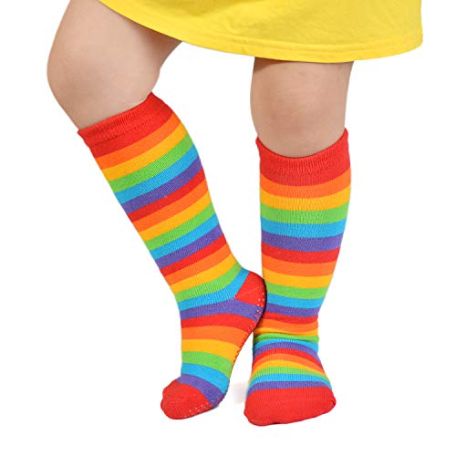 Image of Epeius Baby Girl Rainbow Striped Knee High Socks Non-Skid Uniform Tube Stockings for Infant,Toddler and Child
