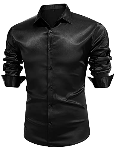 URRU Men's Luxury Shiny Silk Like Satin Dress Shirt Long Sleeve Casual Slim Fit Muscle Button Up Shirts3