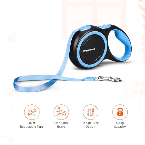 Image of Amazon Basics Retractable Dog Leash | 5 Meter | for Large Dogs Up to 50 Kg | Heavy Duty Leash for Pets | Strong Nylon Tape, Anti-Slip Handle, Built in Spring, One-Click Brake Pause | Blue