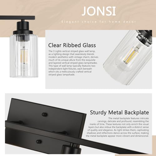 Image of Jonsi 3 Light Modern Black Bathroom Vanity Lights with Fluted Glass Shade, Modern Black Bathroom Lights Over Mirror