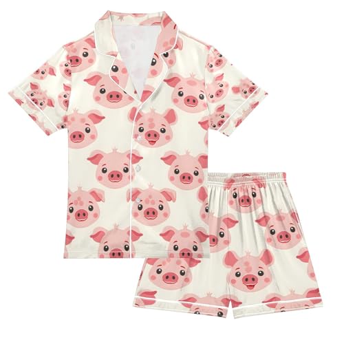 senya Cartoon Pig Face A Satin Summer Pajama Sets Silk Short Sleeve Button Down Sleepwear