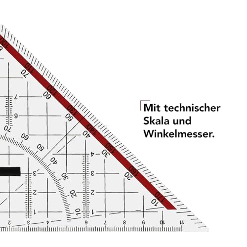 Westcott Geometriedreieck 22 cm mit abnehmbarem Griff | Transparentes Geometrie-Dreieck aus Kunststoff mit roter Skala | Technische Skala & Winkelmesser für Schule, Uni oder Büro | E-10142 00