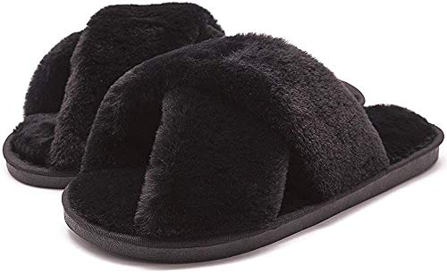 The Season Essentials U-slide Women’s Cross Band Soft Plush Fluffy Furry Fleece House Indoor or Outdoor Ladies’ Slide Slippers