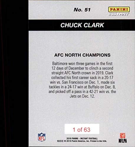 2019 Panini Instant Football Playoffs #51 Chuck Clark Baltimore Ravens RC Rookie Print Run 63AFC North Champions Official NFL Trading Card