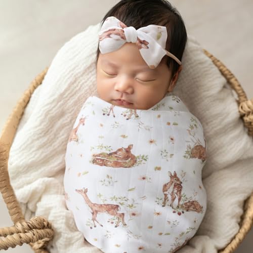 Image of LifeTree Baby Muslin Swaddle Blankets for Boys & Girls, Newborn Swaddle Set with Matching Headband Bow, Infant Blanket Wrap, 47 x 47 inches, Deer, 70% Viscose from Bamboo and 30% Cotton