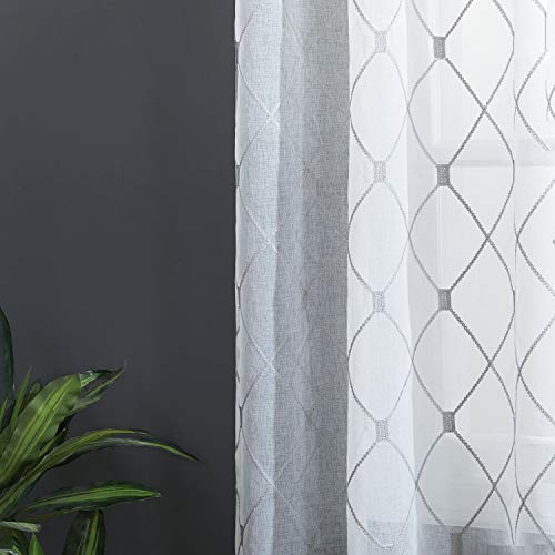 Top Finel White Sheer Curtains 90 Inches Long Grey Embroidered Diamond Grommet Window Curtains For Living Room Bedroom, 2 Panels #TOP6