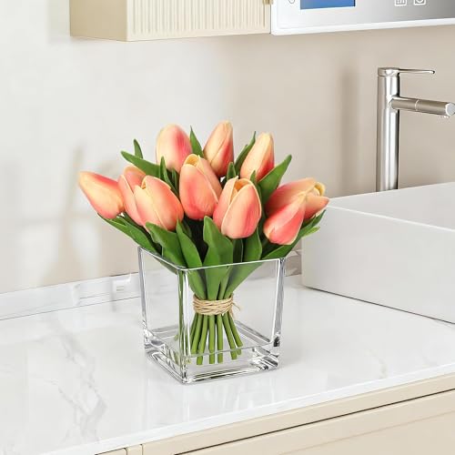 12 Pcs Artificial Tulip Flowers - Real Touch Faux Silk Orange Tulip Stems with Glass Vase, Spring Home Table Decor, Realistic Wedding Kitchen Office C