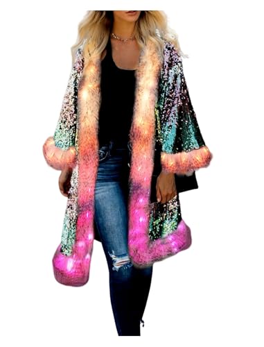 LED Light up Sequin Coat for Women Flash Sparkly Jacket Rave Costume Music Festival Outfits Parties Halloween Holiday (Rainbow A L)
