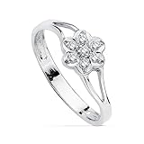 Sortija Oro Blanco 18K Flor Circonitas Centro Bandas Calada Niña Primera Comunión