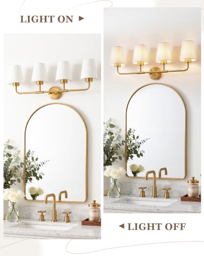 Image of 4-Light Gold Bathroom Light Fixtures with White Fabric Shades | 30 inch brushed gold bathroom vanity light, E26 sockets, ideal for 42-60 inch mirrors and master bathrooms, AD-25052-4W-GD