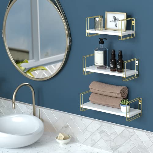 J Jackcube Design White Wood Floating Shelves, Set Of 3 Wall Mounted Hanging Shelves With Gold Wire Frames For Bedroom. Living Room, Kitchen, Bathroom And Office - Mk696C #TOP4