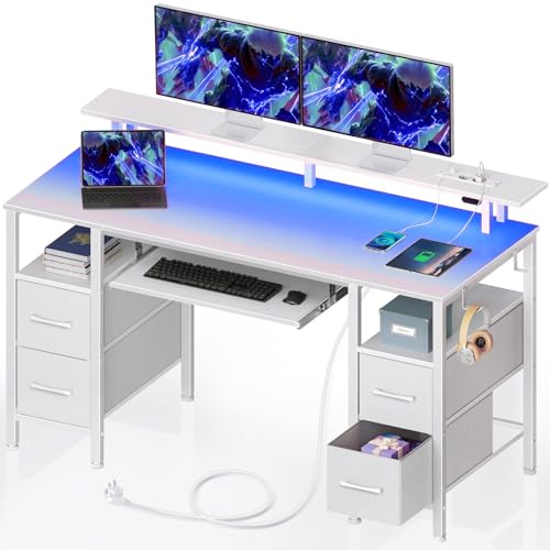 Seventable Gaming Schreibtisch mit Schubladen, Computertisch mit LED, Stromsteckdosen & USB-Ports, Gaming Tisch mit Tastaturablage & Monitorständer für Büro, Wohnzimmer(weiß, 120x47x88cm)