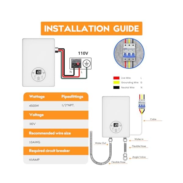 Antuony 4500W Tankless Electric Water Heater,110V Under Sink On Demand Instant Hot Water Heater,LCD Touch Screen tankless Water Heater (110 V, White) - Image 8