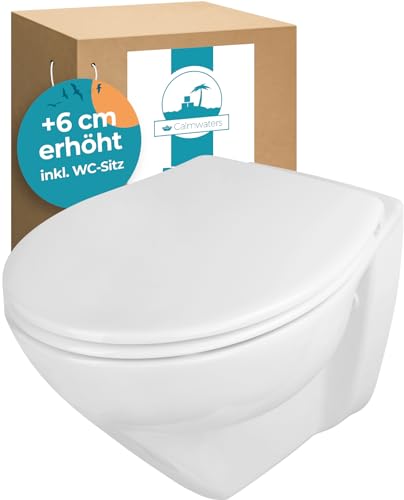 Calmwaters® Erhöhtes Wand WC spülrandlos Modern Plus mit Toilettendeckel, +6 cm Erhöhung,...