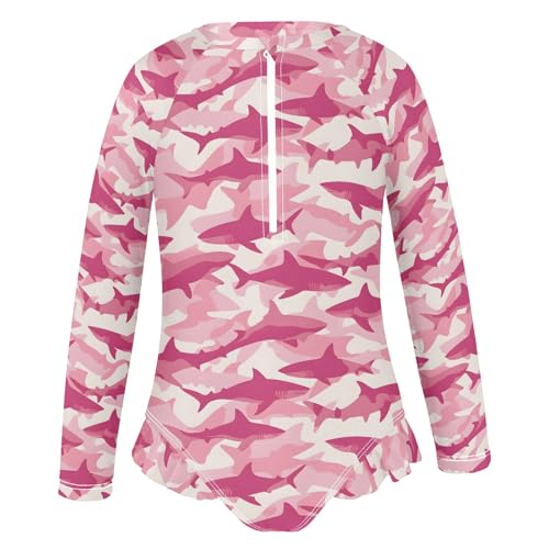 Pink Shark Pattern Girls One Piece Rash Guard Swimsuit, Girls Long Sleeve Swimwear for 3-12Y2