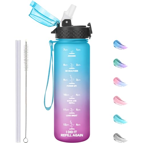 GOPPUS 500ml/17oz Botellas de Agua para Niños con Pajita sin BPA Botella de Bebidas a Prueba de Fugas para la Escuela Tritan Botella de Agua Deportiva Reutilizable Pequeños con Marcas de Tiempo