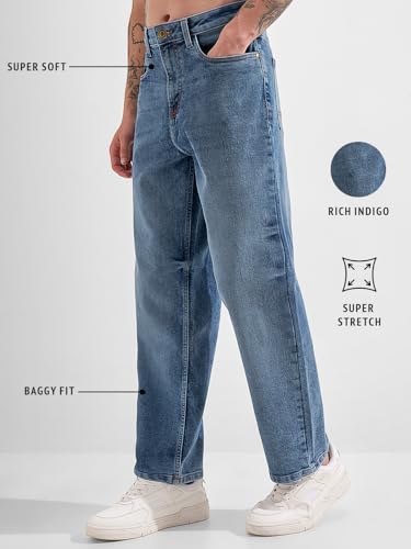 Image of Highlander Men Men's Premium Loose Straight Fit Mid-Rise Cotton Lycra Jeans - Button Closure, Machine Washable, Comfortable All-Day Wear for Casual & Semi-Formal Occasions