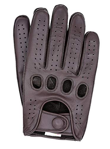 Image of Men's Leather Driving Gloves - Genuine Cowhide Full-Finger Gloves for Driving & Motorcycle Riding - Breathable Perforated Motorsport Style (XX-Small, Brown)