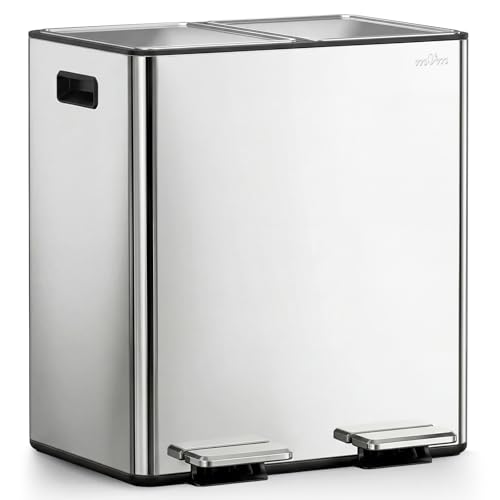 mVm Cubo de Basura para la Cocina, 2 Compartimentos 2 x 20L Cubo de Basura Cocina, Papelera Moderna y Robusta, Cierre Suave, para Cocina, Salón, Plata