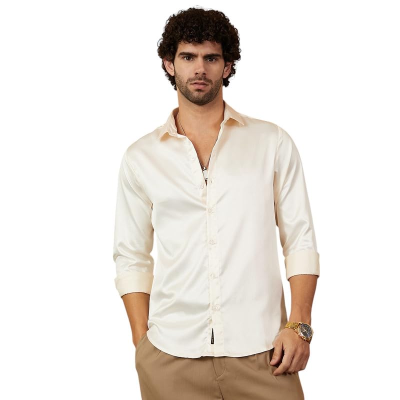 cahoot Men Cream White Satin Lustre Shirt for Casual Wear Spread Collar Long Cuffed Sleeves Button Closure Crafted with Comfort Fit Everyday-picture-10