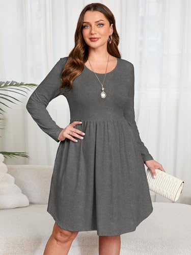 Image of AusLook Women's Plus Size Long Sleeve Midi Dress Casual Empire Waist Loose Flowy Dresses A-Line Boho Long Dress with Pockets