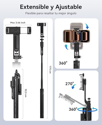 ORICO 175cm Trípode para Movil y Palo Selfie, Mango Giratorio 360° + Soporte para Teléfono, Mando Inalámbrico, Tripe Telemovel Extensible de Aluminio para iPhone/Android/Cámara/GoPro - SPM175 - imagen 3