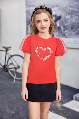 Image of Arshiner Girls Shirts Mesh Puff Short Sleeves Blouse Crewneck Cute Print Summer Kids Tee Tops